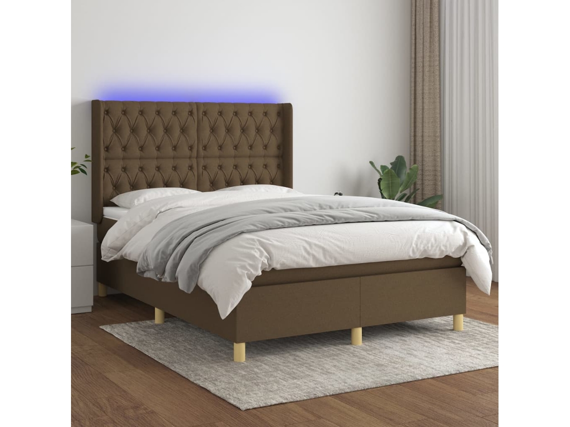 Vidaxl Cama Box Spring C/ Colchão/led 140x200cm Tecido Castanho-escuro