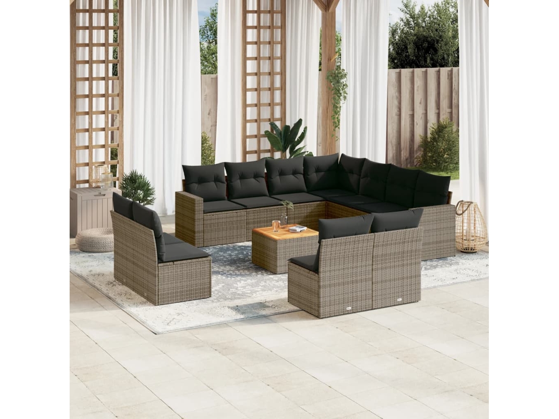 Vidaxl 12 Pcs Conjunto De Sofás Jardim C/ Almofadões Vime Pe Cinzento