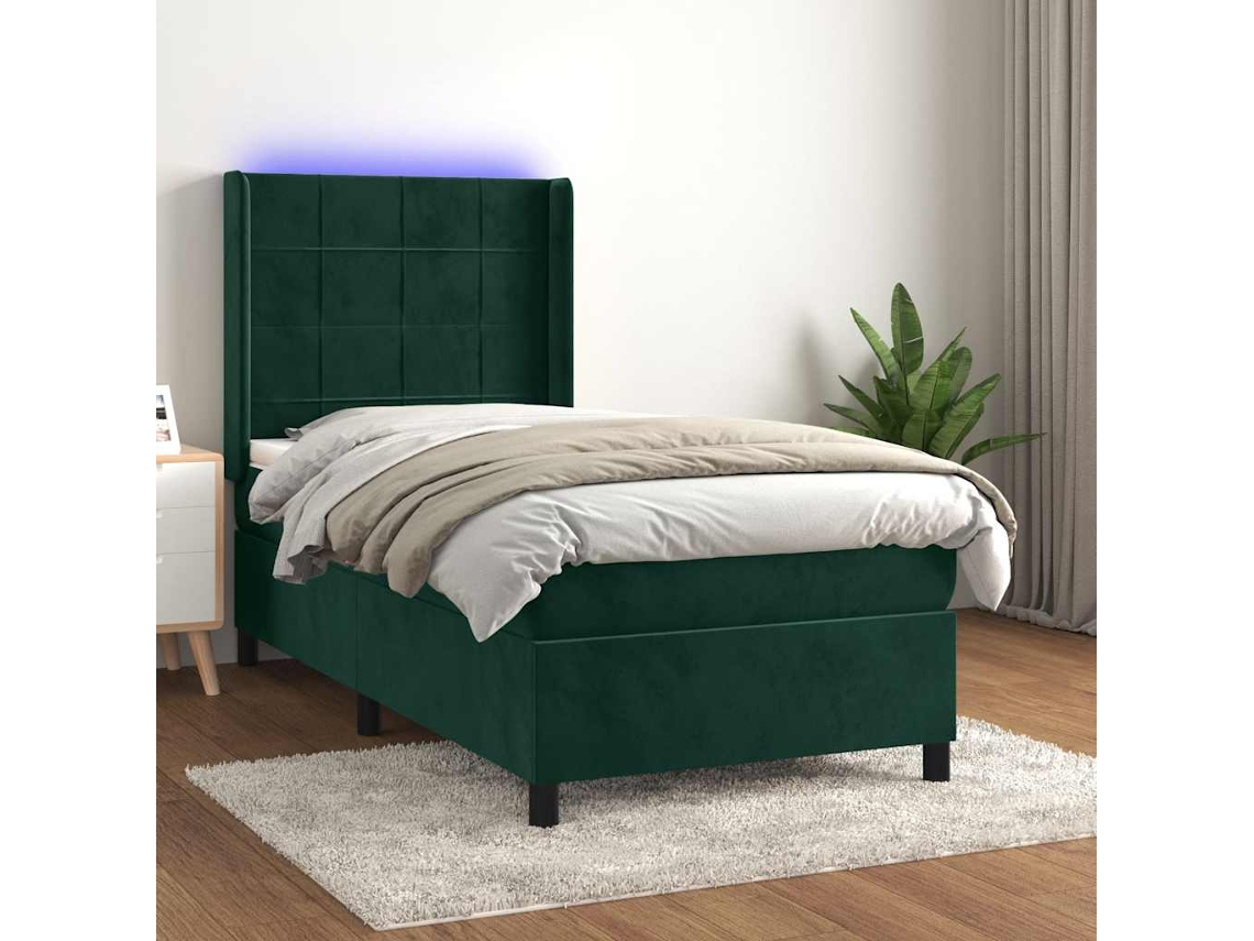 Vidaxl Cama Box Spring C/ Colchão/led 80x200 Cm Veludo Verde-escuro