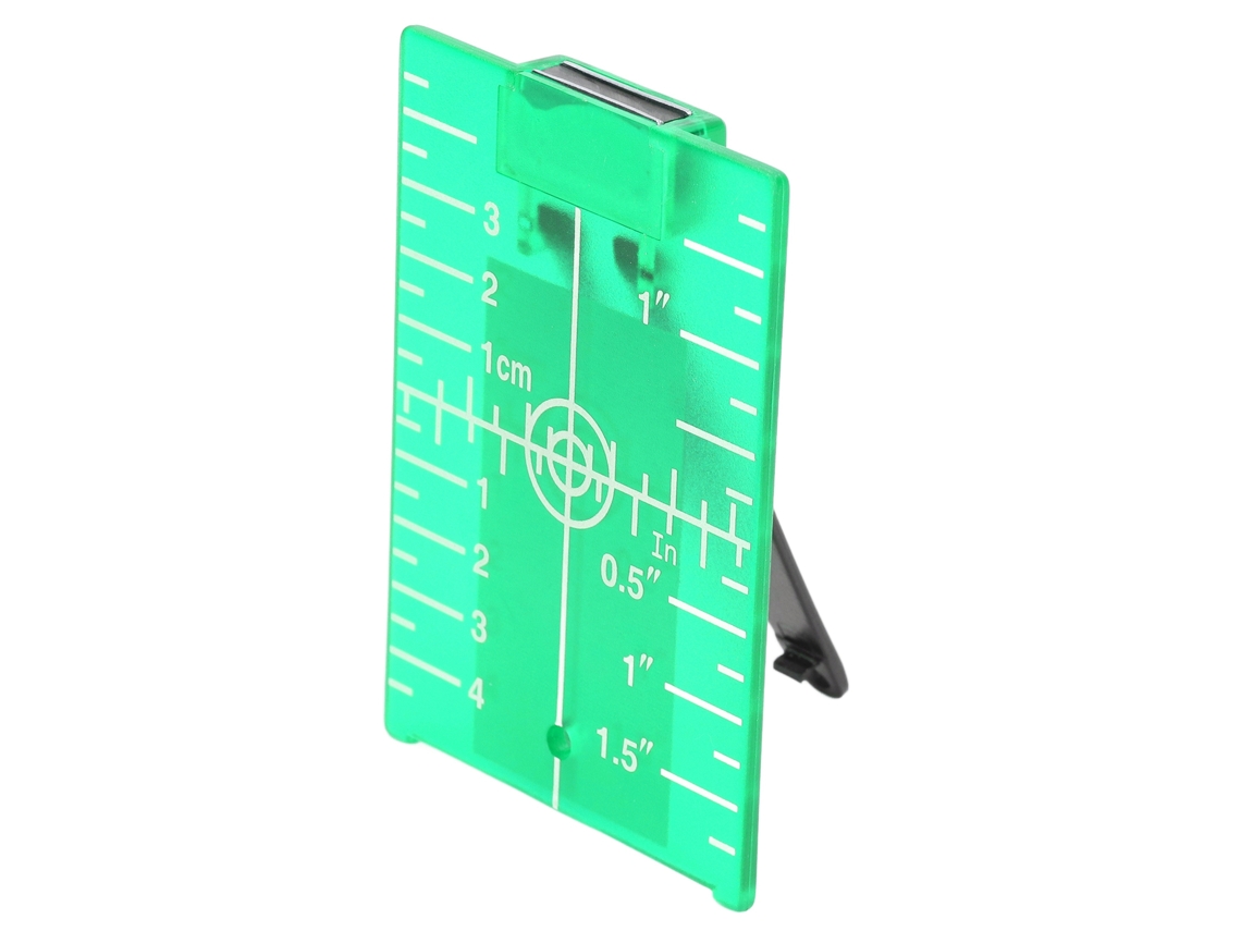Alvo magnético para nivelamento a laser em pisos, placa de papelão com suporte, escala em polegadas e milímetros, verde, plástico.