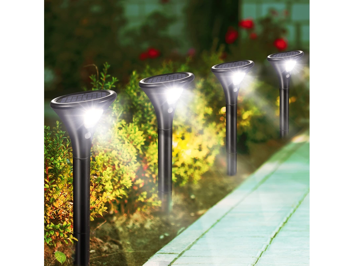 Lámpara solar para exterior de 4 piezas, iluminación solar para jardín con sensor de movimiento, resistente al agua IP65, 2 modos para jardín, patio, exterior, camino.