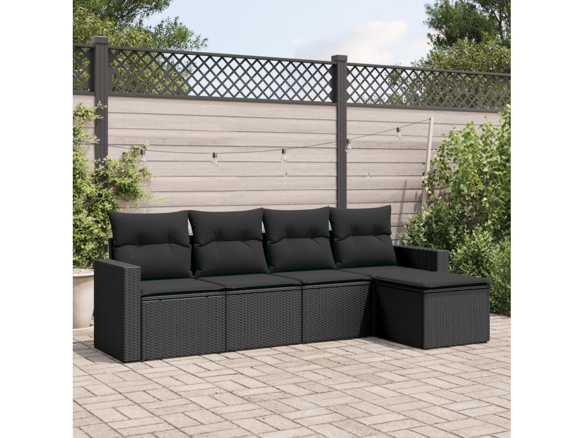 Vidaxl 5 Pcs Conjunto Sofás De Jardim Com Almofadões Vime Pe Preto
