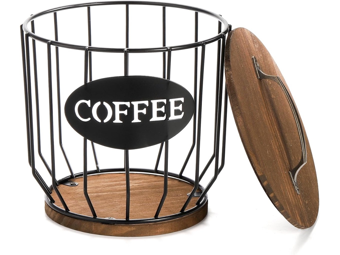 Organizador De Cápsulas Café Com Tampa K-cup Grande Capacidade, Base Madeira Retrô, Cesto Armazenamento Em Tela Arame Preta Para Bancadas
