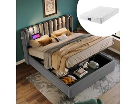 Cama Com Colchão De Casal Estofada Função Carregamento Arhatreya Veludo Cinzento (160x200)