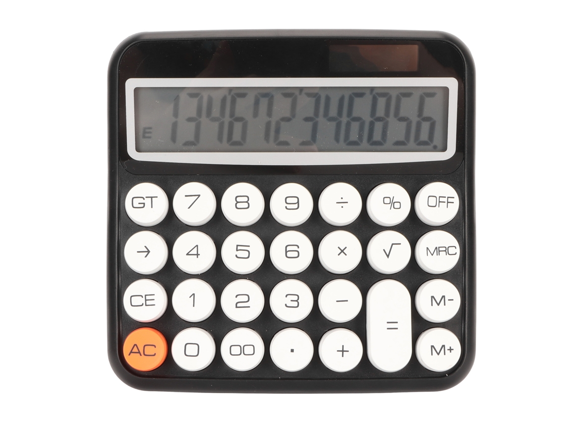 Calculadora de 12 dígitos com botões redondos, visor LCD em tecido, capa removível com sistema de desprendimento automático, ideal para mesa de trabalho, escola e escritório.