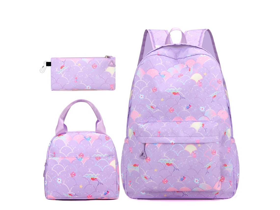 Mochila Lancheira Térmica 16 Polegadas E Estojo Para Lápis Sereia Roxo (3 Peças) Elysve