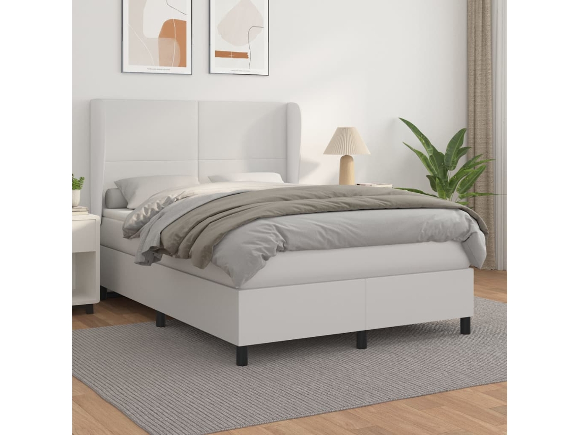 Vidaxl Cama Com Molas/colchão 140x200 Cm Couro Artificial Branco