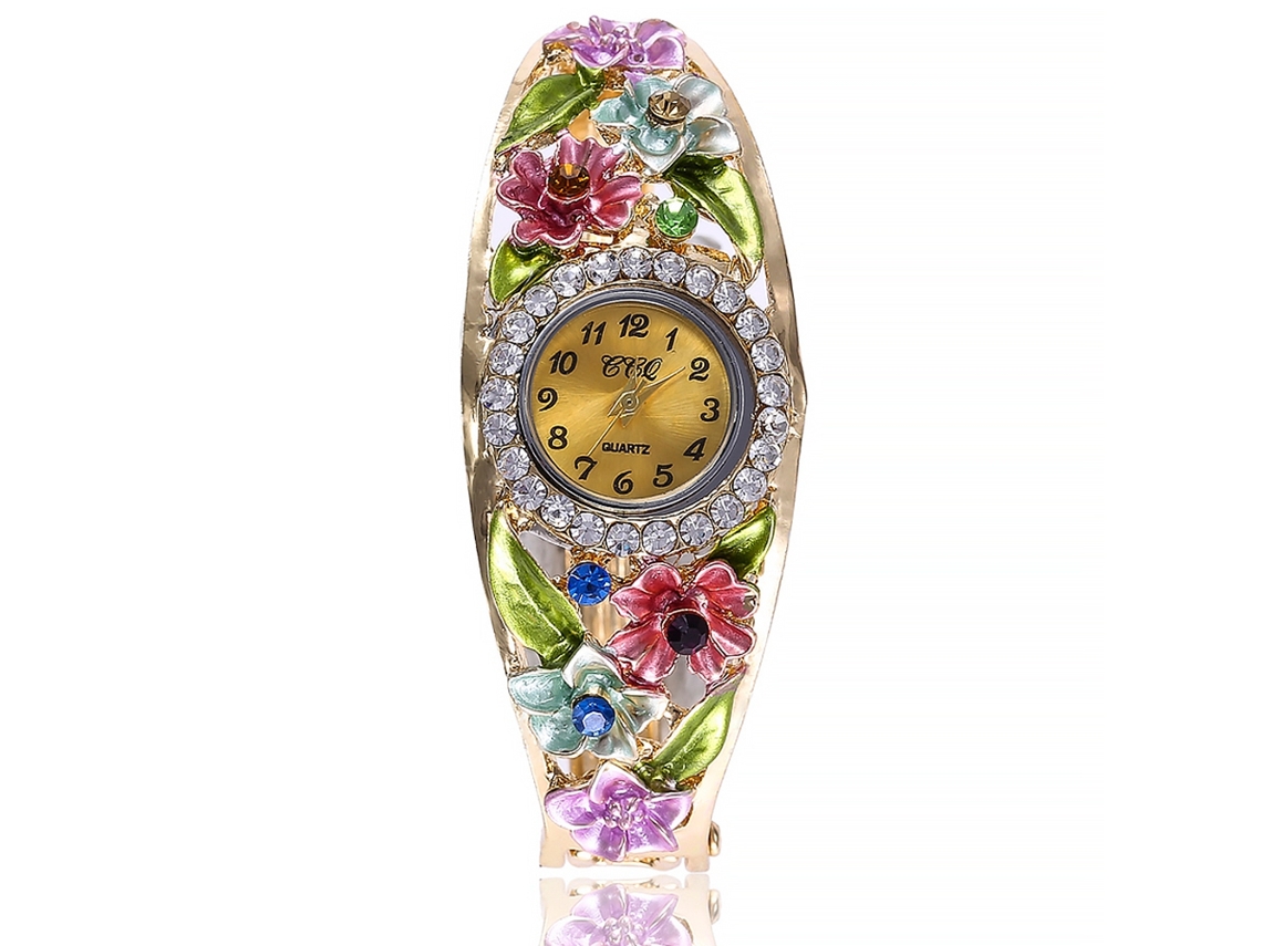 Relógio de Pulso Feminino Ccq de Quartzo com Mostrador Redondo e Decoração Floral de Rhinestones