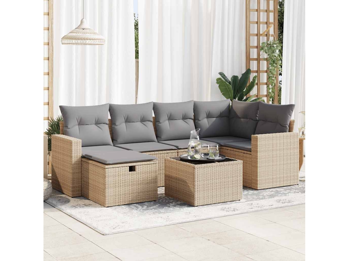 Vidaxl 7 Pcs Conjunto De Sofás P/ Jardim Com Almofadões Vime Pe Bege