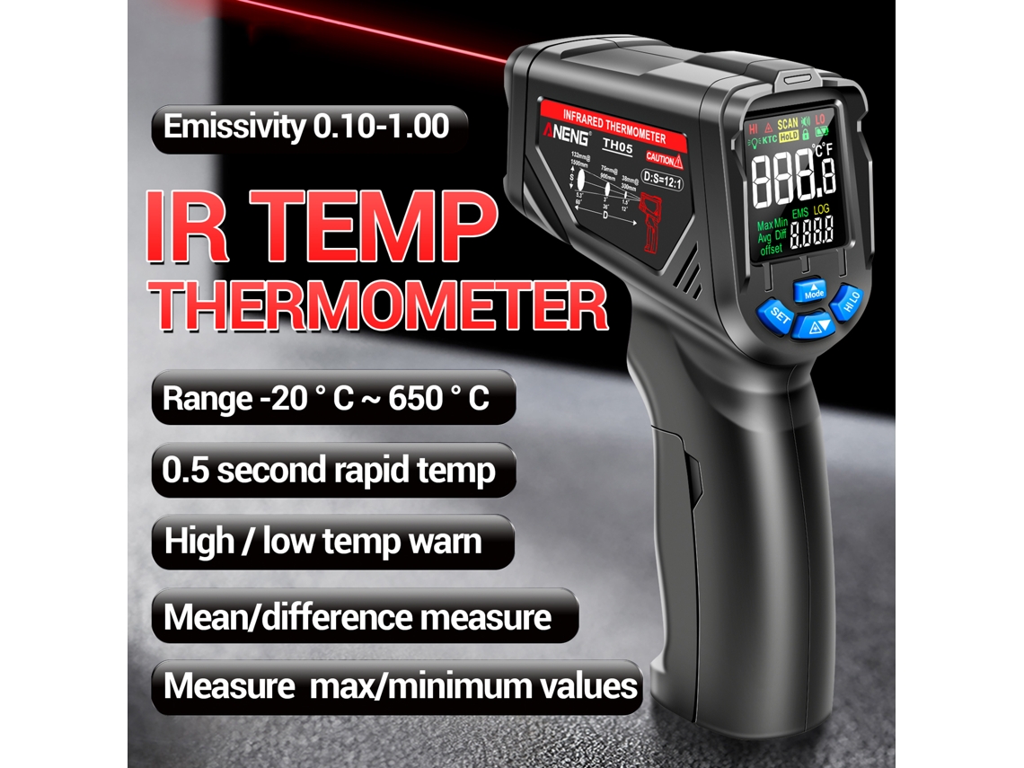 Termômetro Infravermelho Sem Contato Aneng TH05 20°C a 650°C Laser Industrial com Medição Rápida