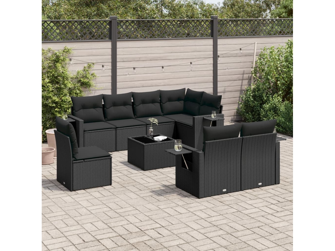 Vidaxl 9 Pcs Conjunto De Sofás P/ Jardim C/ Almofadões Vime Pe Preto