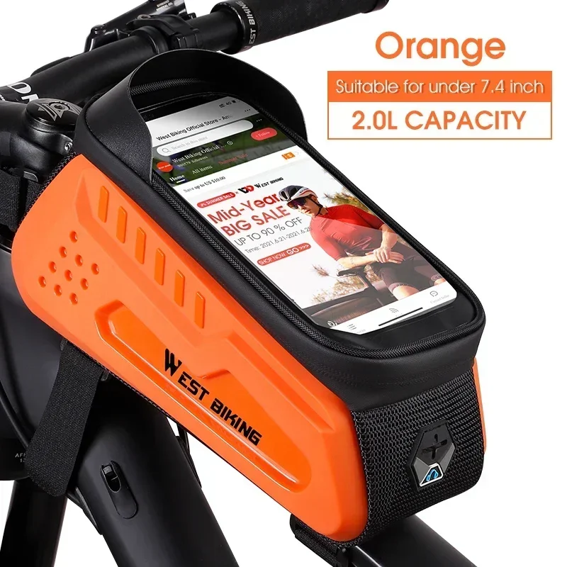 Bolsa Rígida de Tpu para Bicicleta com Tela Sensível Ao Toque, Suporte para Celular e Barra Transversal Frontal À Prova D'água. MDUG (laranja)