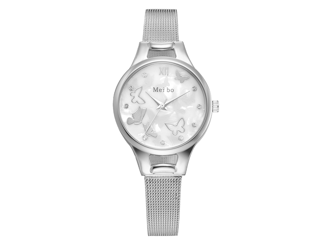 Relógio de Pulso Feminino de Quartzo com Pulseira de Malha e Strass Prata Elegante Fino