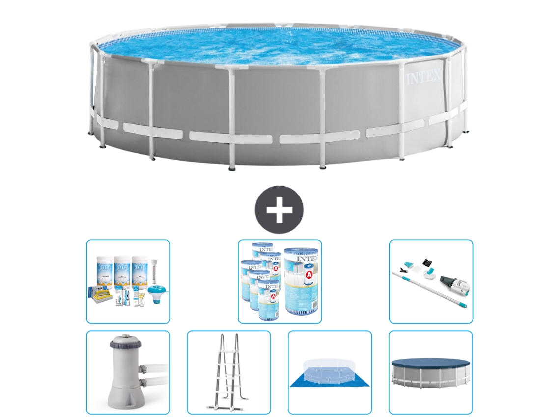 Piscina INTEX Round Prism Frame 457 X 122 Cm Cinza Inclui Bomba Escada Lençol Cobertura Pacote de Manutenção Filtros Aspirador de Pó