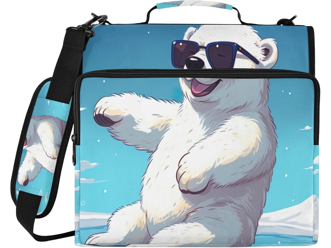 Mochila Com Estampa De Urso Polar Desenho Animado, 3 Argolas, Organizador Com Zíper E Compartimento Impermeável