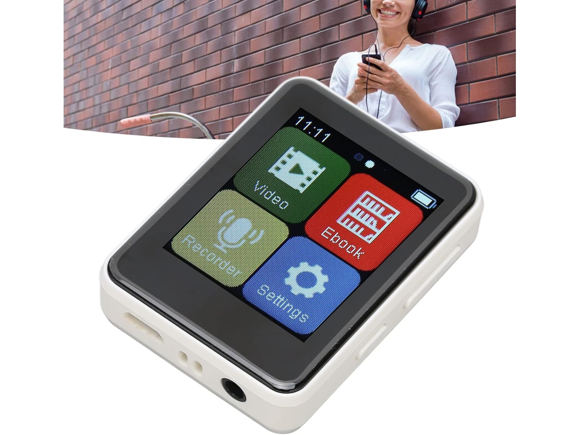 Reprodutor de MP3/MP4 Bluetooth, tela de 1 polegada, rádio FM para crianças, com livro de rádio de 1,8 polegadas, áudio HiFi com cancelamento de ruído (branco)