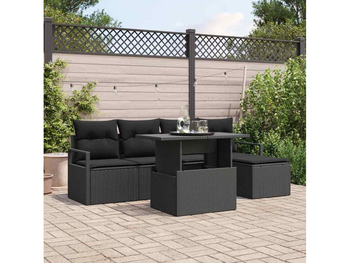 Vidaxl Conjunto De Sofá De Jardim Com Almofada 6 Pcs Preto Vime Pe