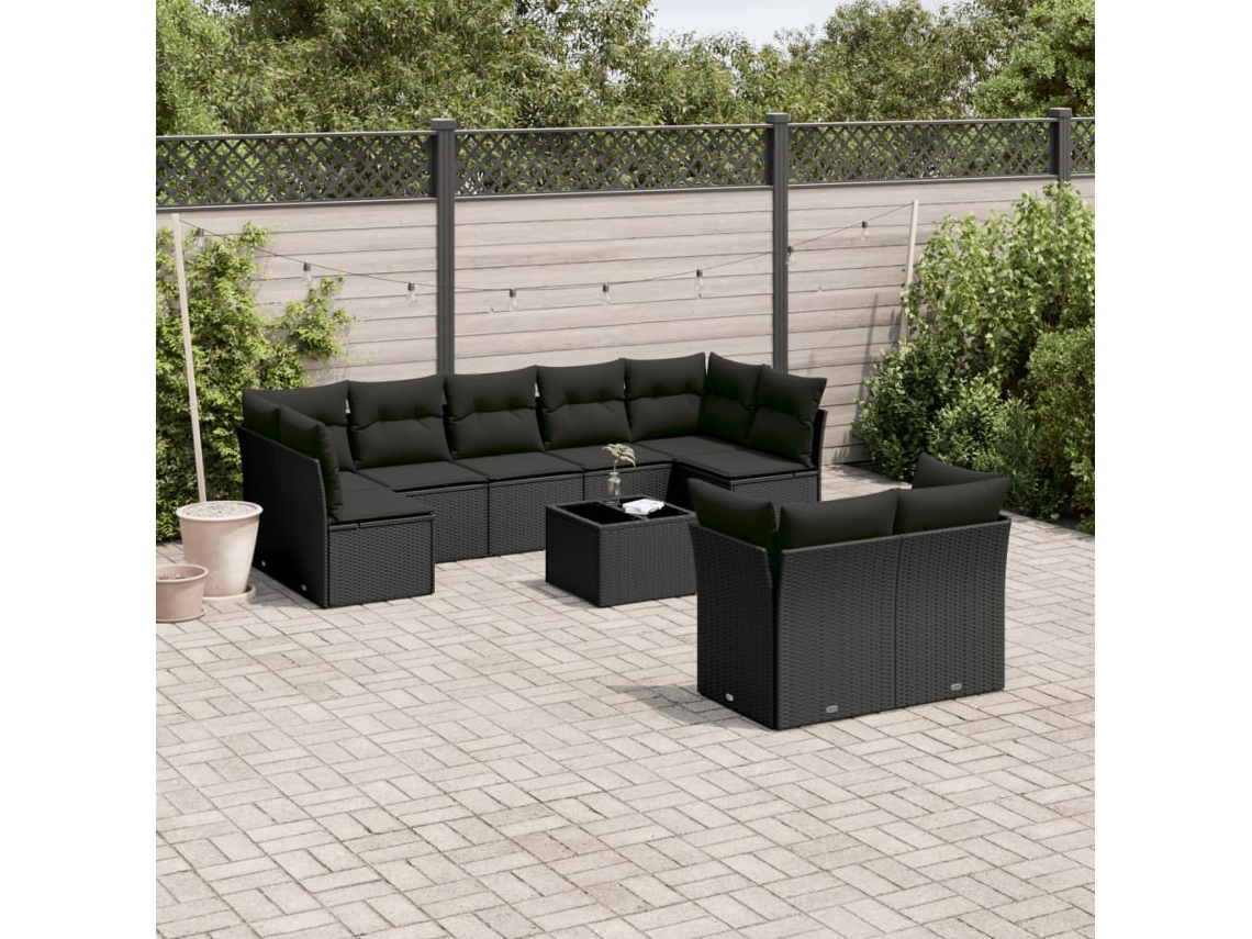 Vidaxl 10 Pcs Conjunto Sofás De Jardim C/ Almofadões Vime Pe Preto