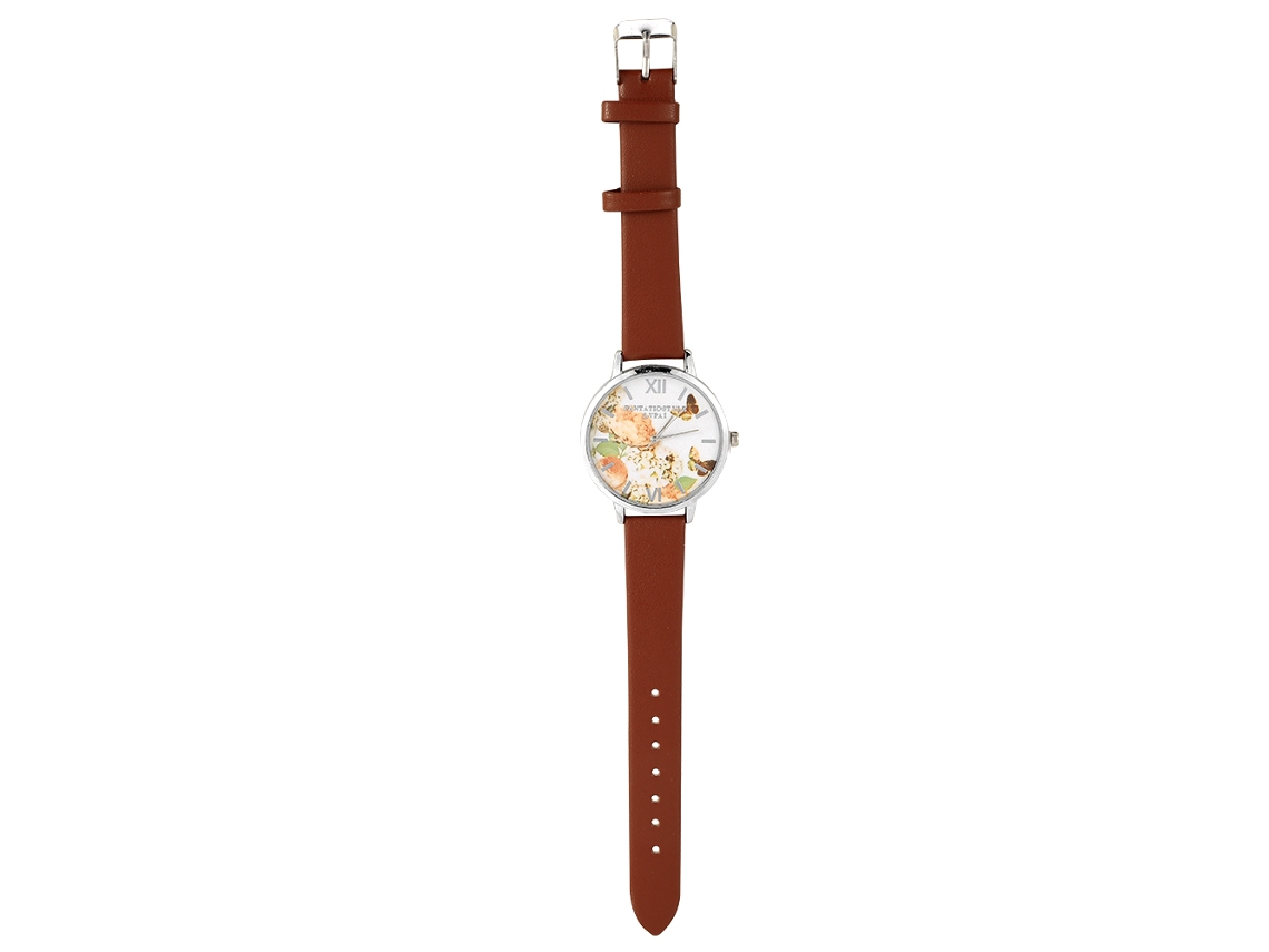 Relógio de Pulso Analógico Lady Quartz com Pulseira Pu Marrom e Estampado de Borboleta