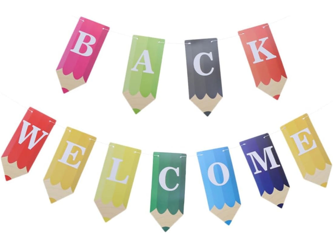 Faixa de volta para salas de aula, letras estilo lápis, decoração para sala de aula e festa escolar, design colorido para pendurar