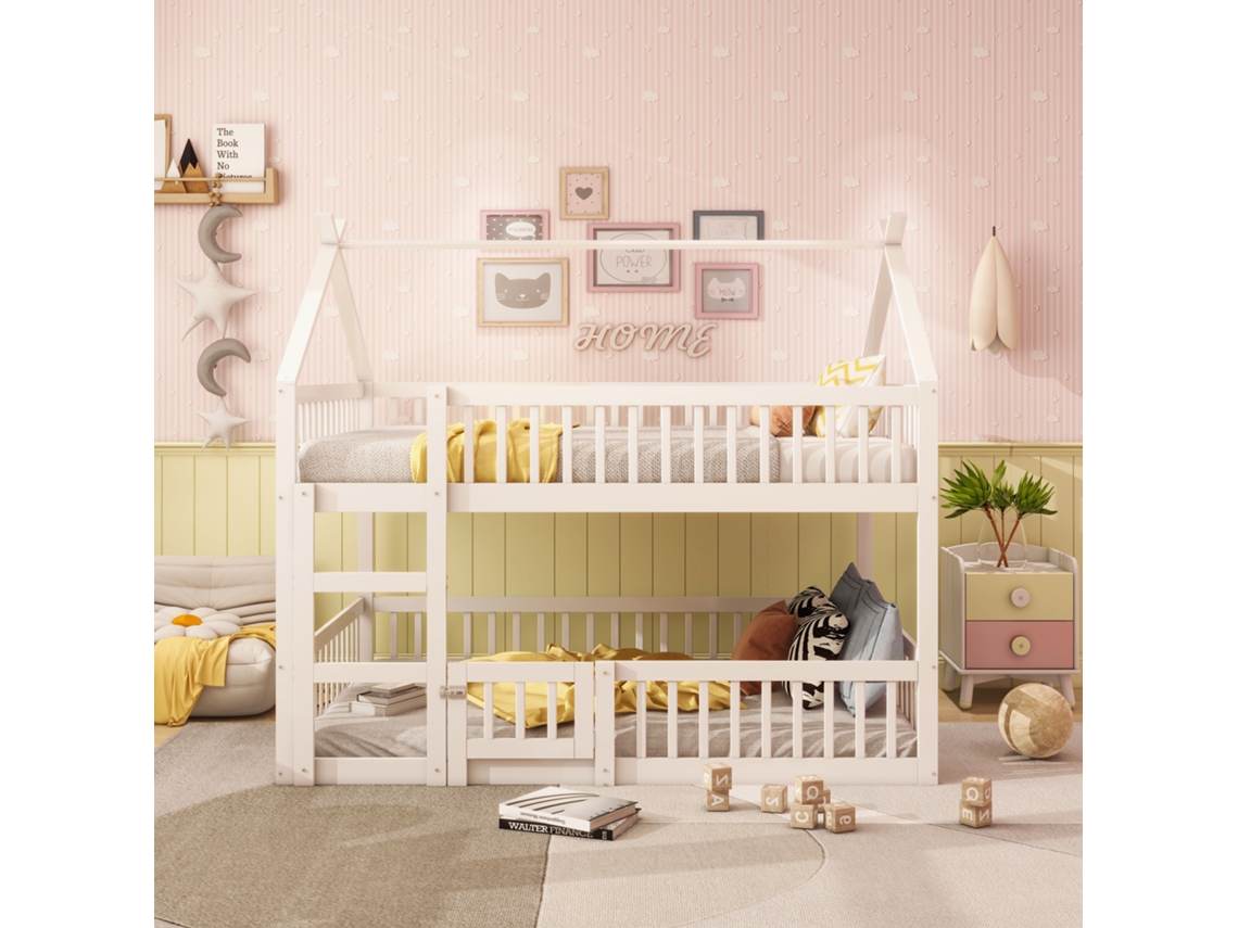 Cama Beliche Infantil 140x200 com Escada em Madeira Maciça, Design Loft Moderno Branco PAPRIKA