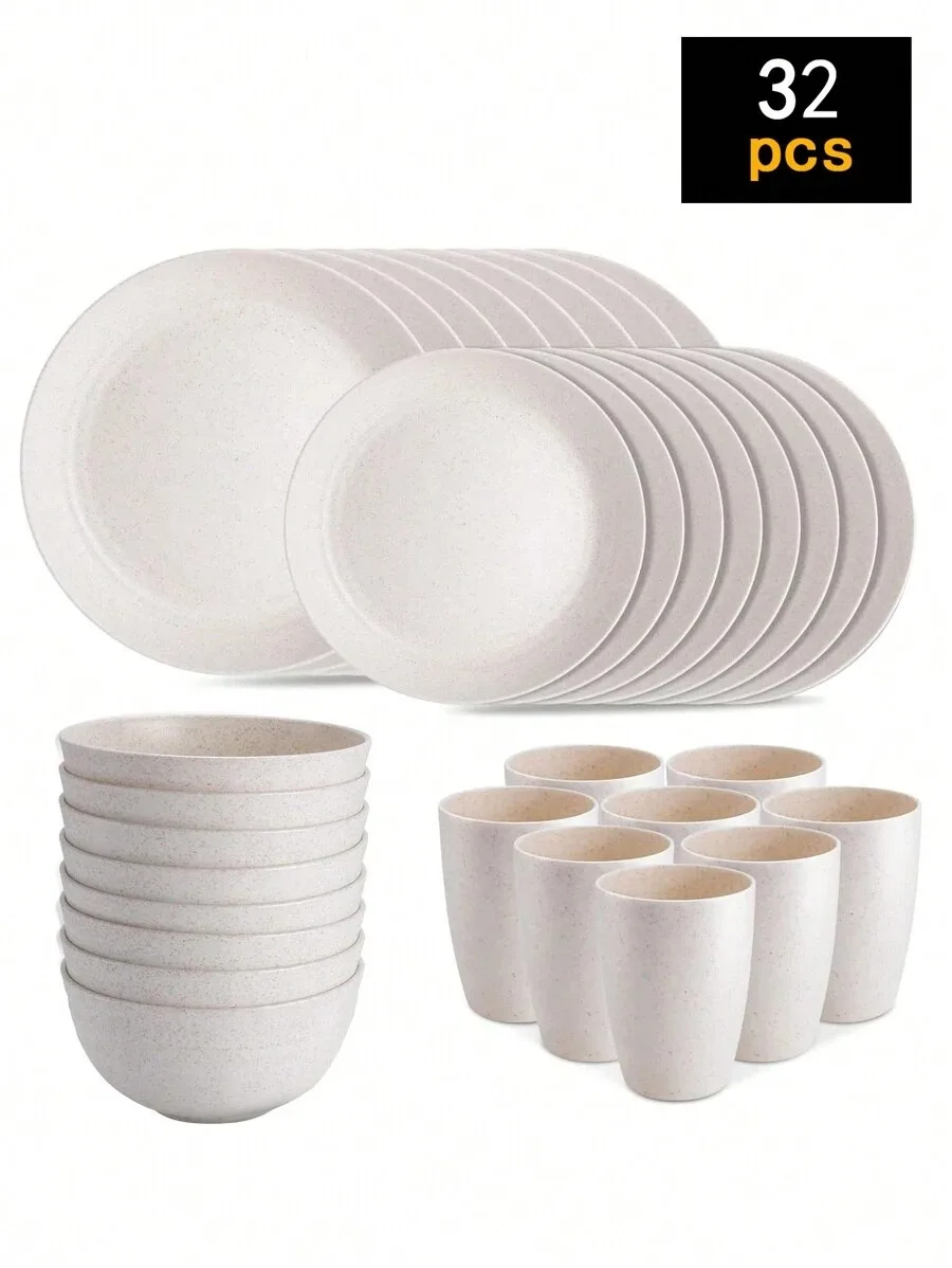 Conjunto De Talheres Reutilizáveis De Plástico (32 Peças, Bege), Incluindo Pratos, Tigelas E Copos.