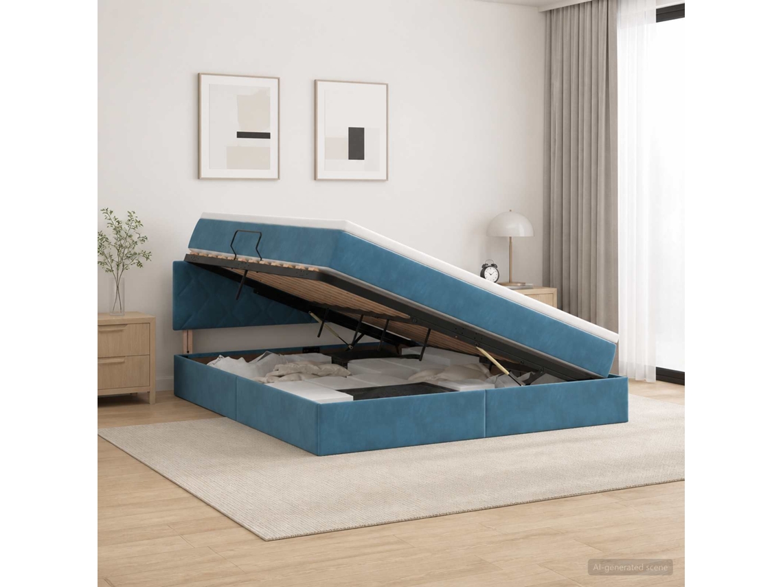 Vidaxl Cama Com Armazenamento Azul Escuro 180 X 200 Cm Veludo