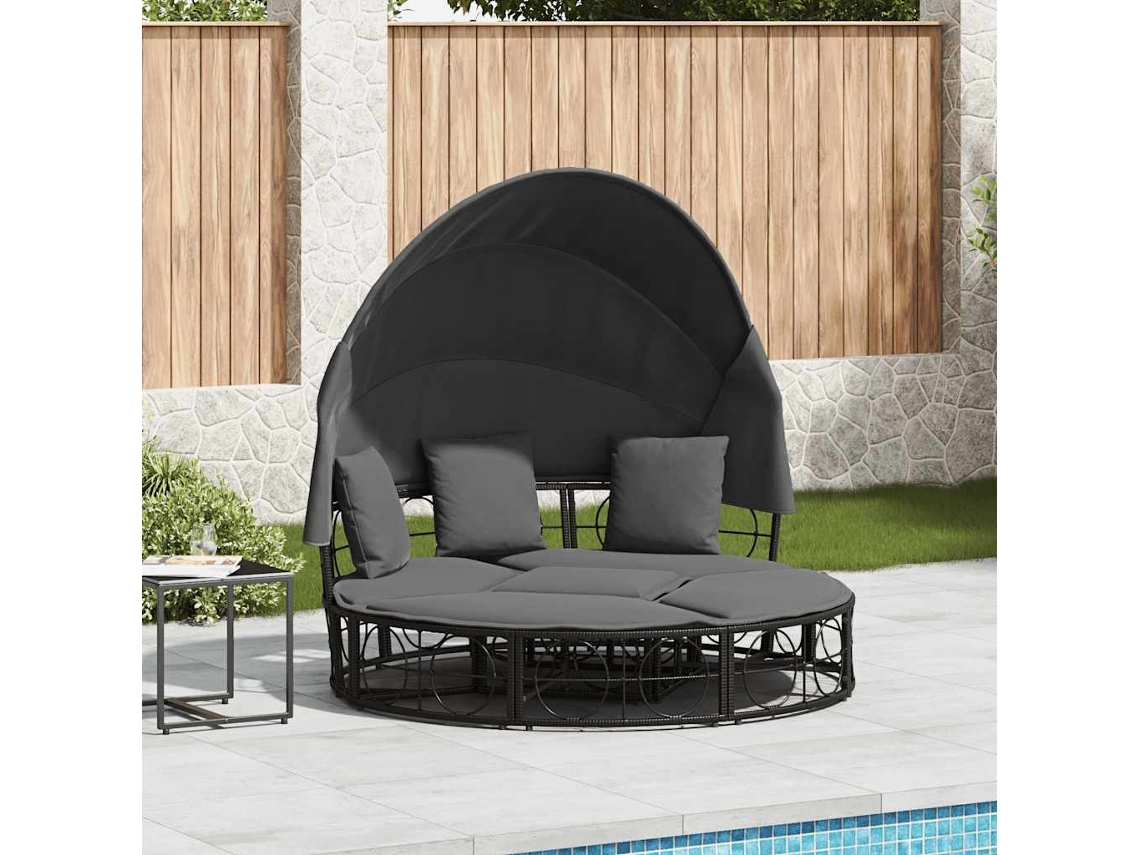 Vidaxl Cama Lounge De Exterior C/ Toldo E Almofadões Vime Pe Preto