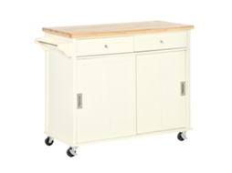 Carrinho de Cozinha Madeira de Borracha, Mdf Cor Creme Branco 110x49.5x89.5cm Homcom