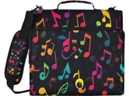 Bolsa Preta Com Zíper, Estampa De Notas Musicais Coloridas, Com Fichário De 3 Argolas, Compartimento Laptop E