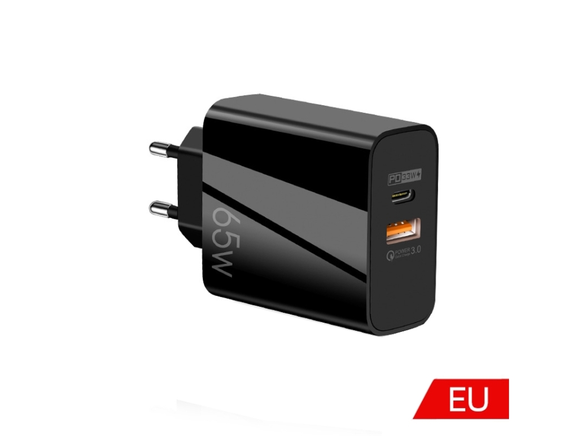 Carregador Gan de Porta Dupla 65 W Usb C/tipo C+usb Qc3.0 para laptop plugue UE preto XIAOMOYU
