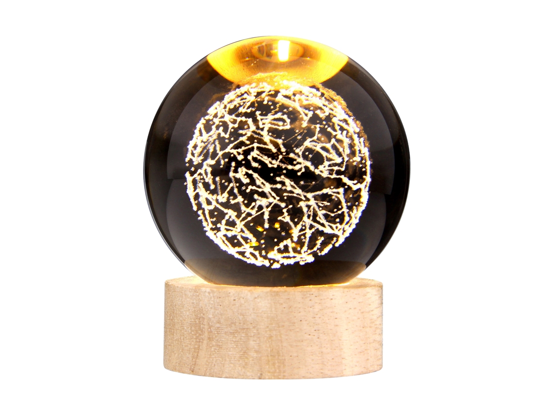 Luz de Noite Pequena Bola de Cristal 3D com Base de Madeira, Luz Quente, Decoração e Presente Usb