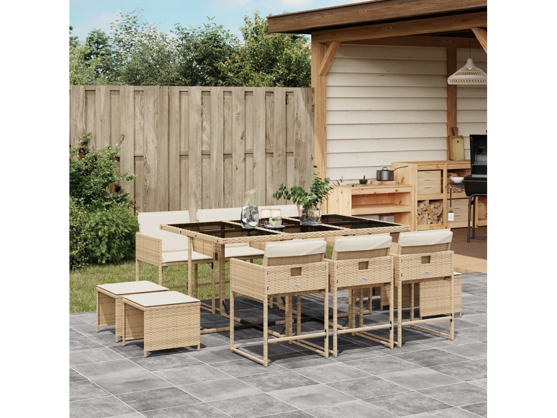 Conjunto 11 Peças Jantar P/ Jardim Com Almofadões Vime Pe Bege Dkd Home Decor