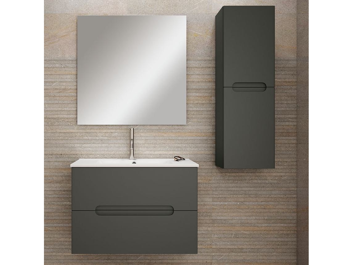 Móveis de casa de banho com lavatório, espelho e aplique LED VICTORIA 80x45 cm acabamento grafite fosco 2 gavetas suspensas