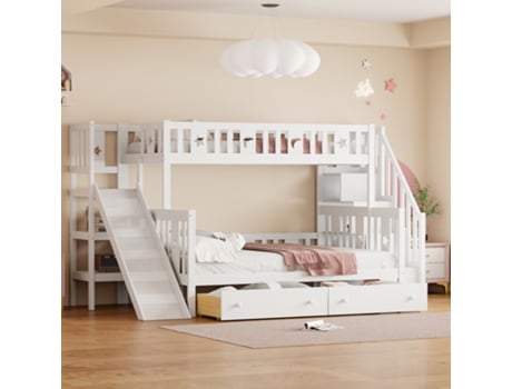 Cama Beliche 90x200 140x200 Cm Em Madeira Maciça Com Escorrega, Prateleira E 2 Gavetas, Branco Mobrio