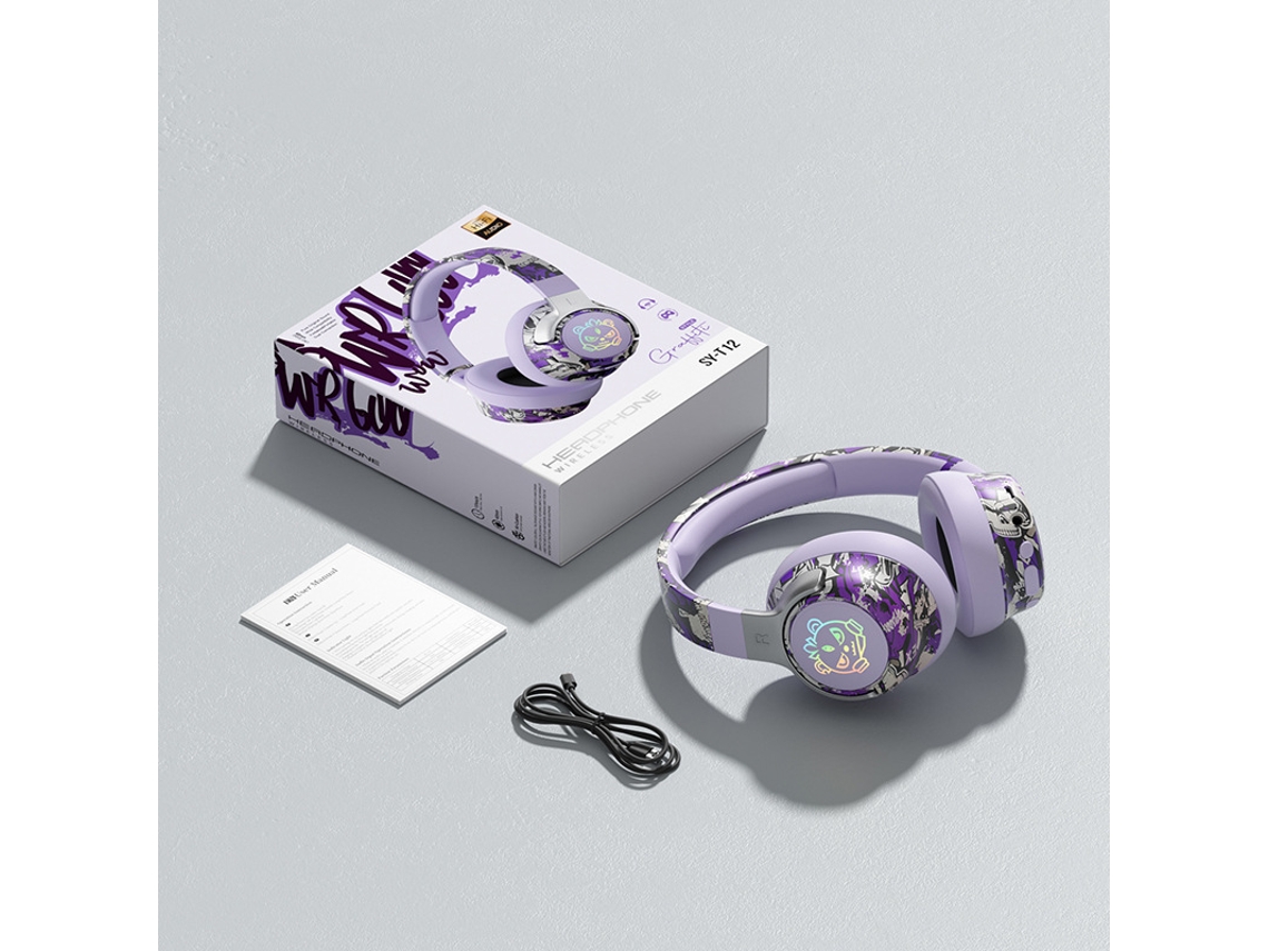 Auriculares Tuya T12 Sem Fio Dobráveis Com Rgb, Bt5.4, Microfone, Para Jogos, Fashion, Bateria Longa Roxo. Sfushos