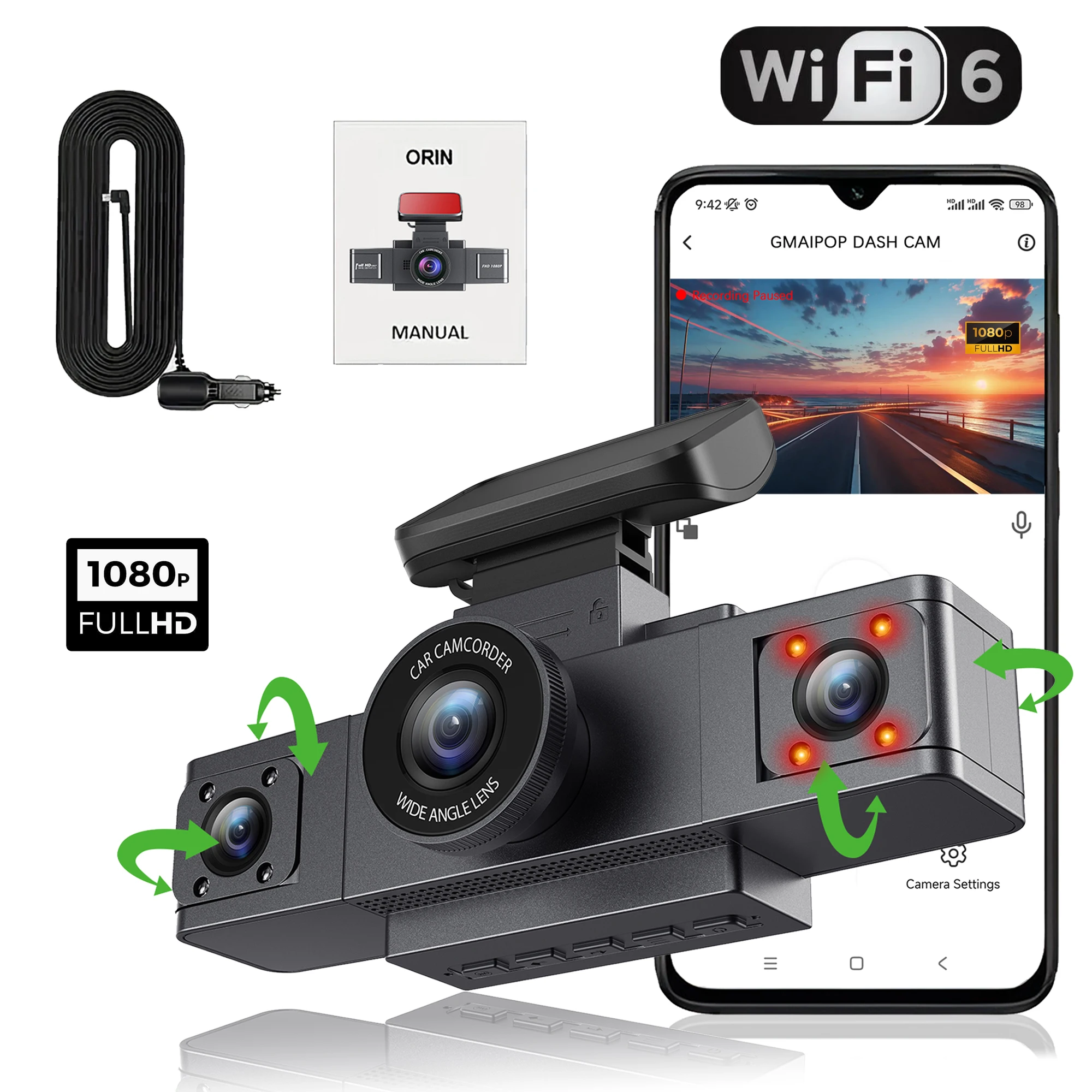 (Sem cartão SD, 3 canais) Câmera DVR para carro com Wi-Fi, 1080p