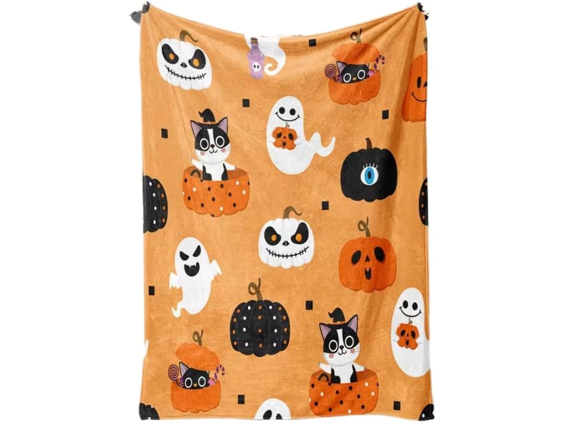 Manta Syjym Halloween com Estampa Digital de Abóbora e Lanterna em Flanela para Cochilar Ou Relaxar Ambiente a