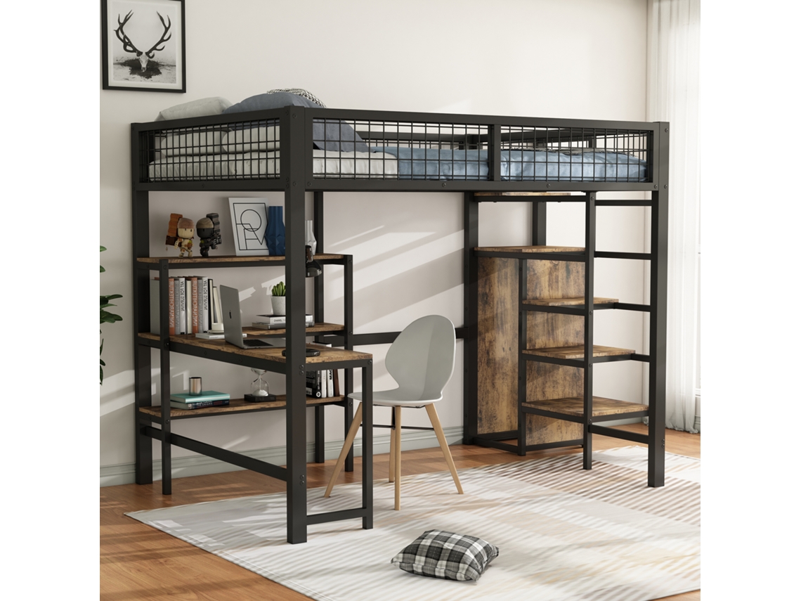 Cama De Ferro 140x200 Cm Com Escada Prateleiras Armário Embutido Mesa Preto Sem Colchão