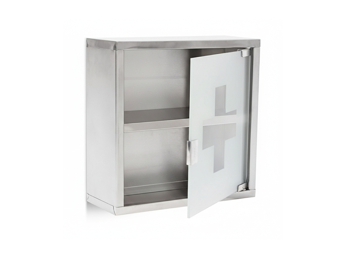 Armário De Medicamentos Relaxdays Emergency L Em Inox E Vidro Hbt: 30 X 30 X 12 Cm Com Porta Fechável E 2 Prateleiras.