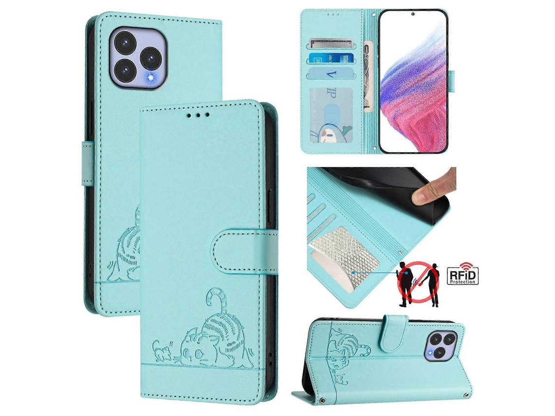 Capa De Couro Para Celular Com Rfid Em Relevo E Cordão Em Forma De Gato E Rato