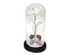Flor de Vidro Eterna Rosa com Domo Luz Dourada Base Preta