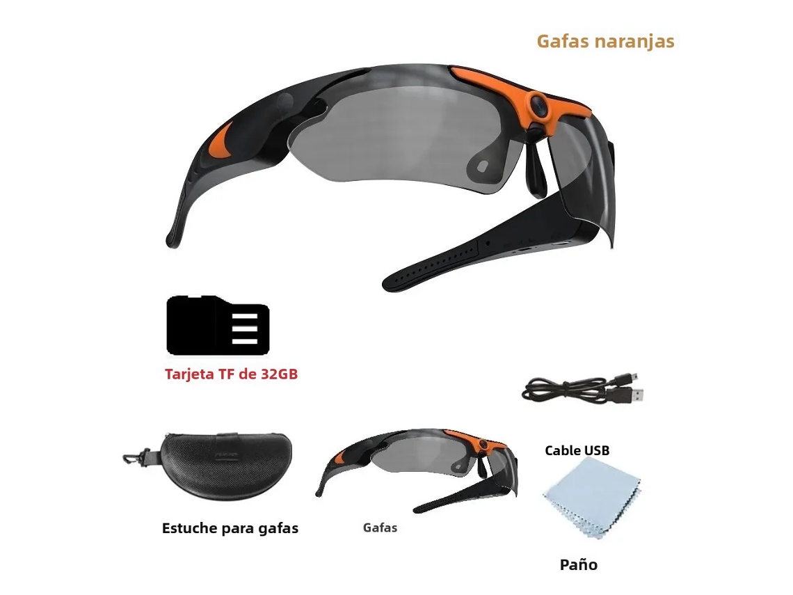 Óculos Esportivos Inteligentes, Câmera Dv Full Hd 1080p, Lente Grande Angular de 120° MDUG (laranja + 32 Gb)