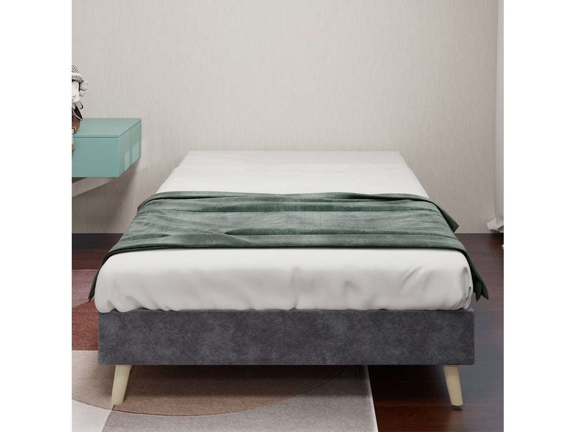 Cama Minimalista 90x200 Veludo Cinza Base Baixa Sem Cabeceira