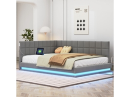 Cama Estofada Multifuncional Com Led Com Usb Com Tomadas Com Estrado De Ripas De Linho Cinza Material Resistente E Seguro