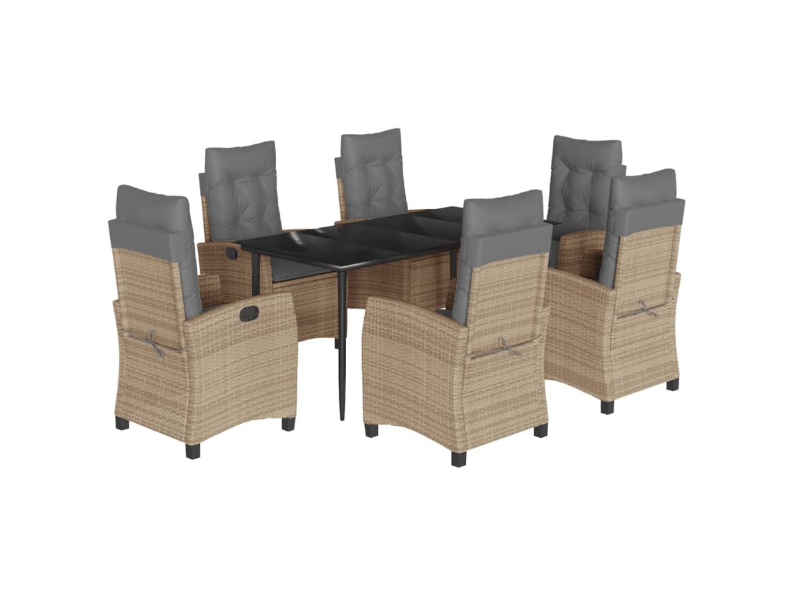 Conjunto de 7 Jantar para Jardim com Almofadões Vime Pe Bege Misturado MAISON EXCLUSIVE