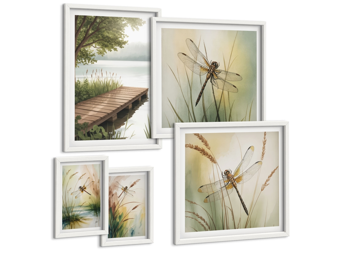 Conjunto De Pinturas Paisagens Tranquilas De Libélulas Espelharte (5 Peças)
