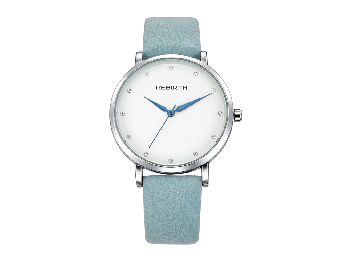Relógio de Pulso Rebirth de Couro Pu com Strass e Ponteiro Azul Moda Quartz