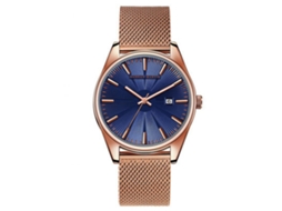 Relógio de pulso masculino em aço inoxidável com pulseira de malha e movimento de quartzo.