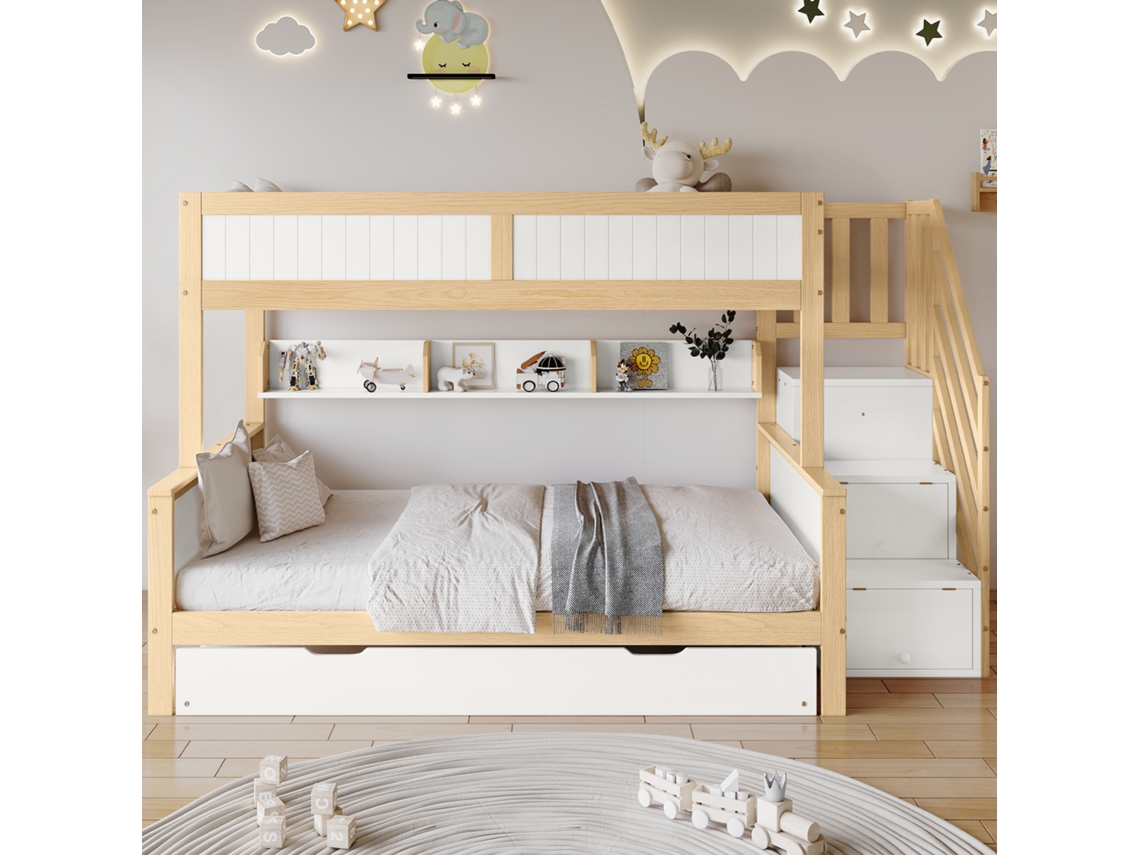 Cama Beliche 90x200 Cm 120x200 Cm Cama Extra 90x190 Cm, Prateleiras, Roupeiro, Madeira, Branco E Natural Estilo